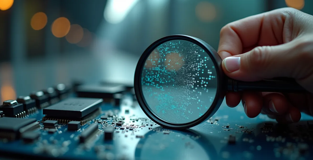 Gros plan sur des mains analysant des graphiques économiques avec une loupe, symbolisant l'expertise factuelle