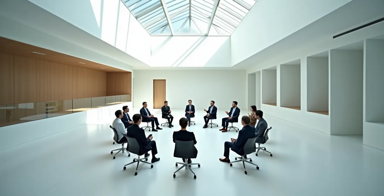 Vue d'ensemble d'une salle de formation moderne avec élus en cercle partageant des connaissances