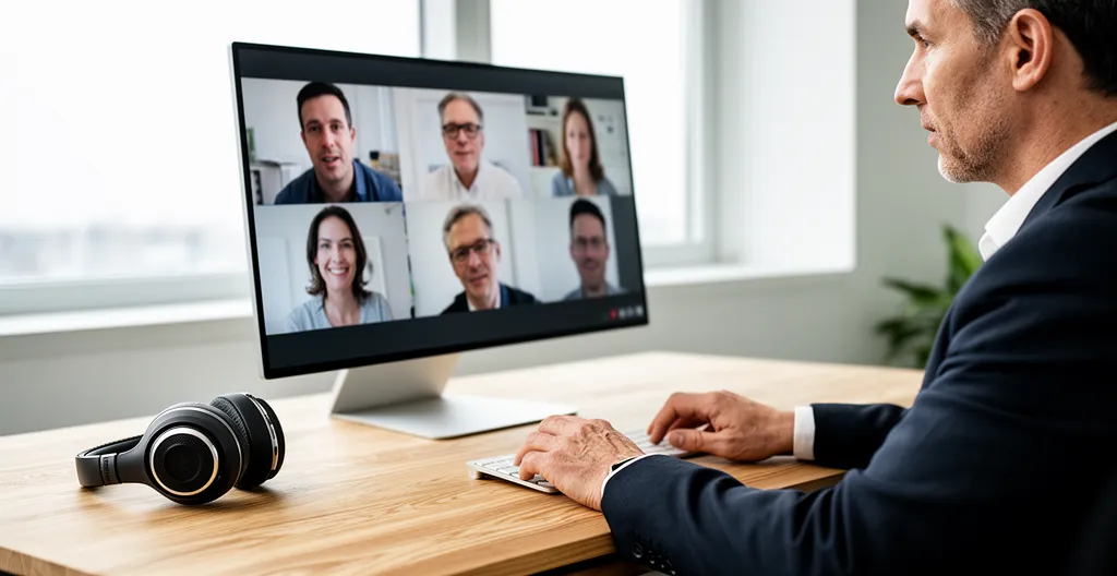 Professionnel en visioconférence avec interlocuteur international visible sur grand écran