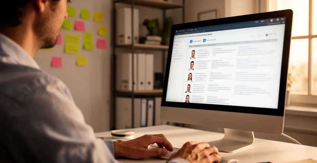 Responsable RH consultant des profils candidats sur écran d'ordinateur dans un bureau moderne