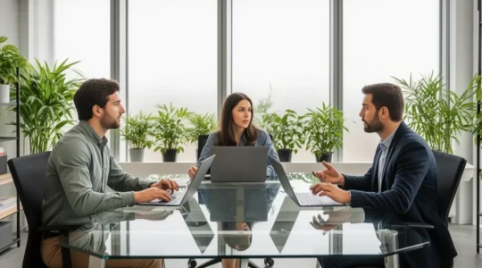 Trois professionnels en discussion autour d'une table de réunion moderne avec ordinateurs portables