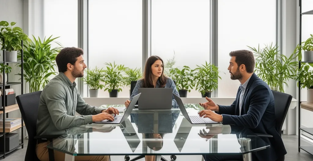 Trois professionnels en discussion autour d'une table de réunion moderne avec ordinateurs portables