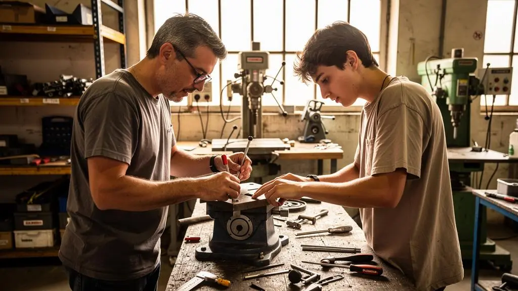 Apprenti apprenant un geste technique aux côtés d'un professionnel dans un atelier de formation à Montpellier