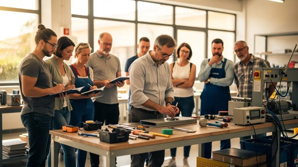 Formateur démontrant une technique professionnelle à un groupe d'adultes en formation debout autour d'un établi dans un centre moderne à Montpellier